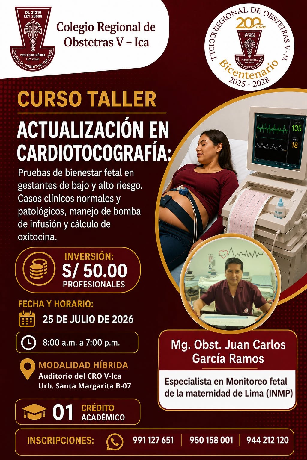 #Certificados | CURSO TALLER DE ACTUALIZACIÓN EN CARDIOTOCOGRAFÍA: PRUEBAS DE BIENESTAR FETAL EN GESTANTES DE BAJO Y ALTO RIESGO. CASOS CLÍNICOS NORMALES Y PATOLÓGICOS, MANEJO DE BOMBA DE INFUSIÓN Y CÁLCULO DE OXITOCINA