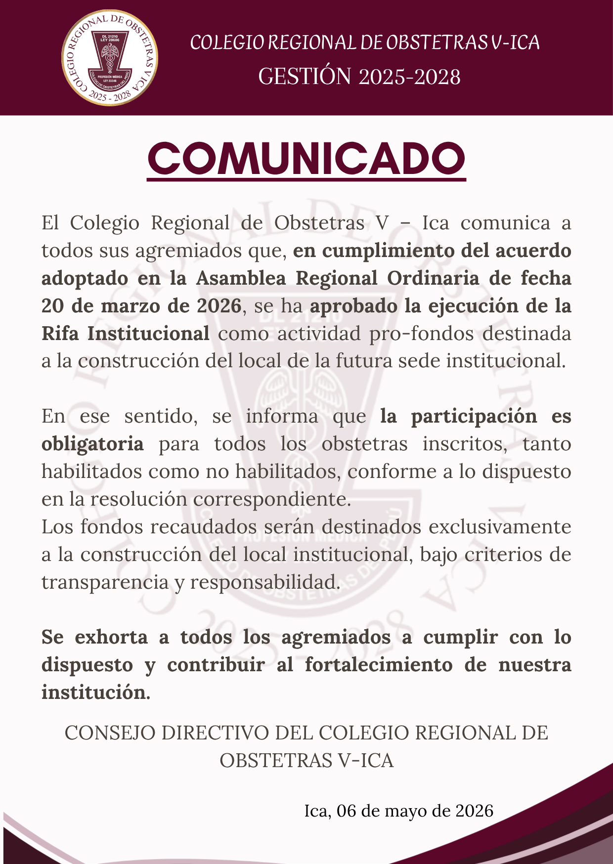 #Comunicado | RIFA INSTITUCIONAL PRO-FONDOS – CRO V - ICA