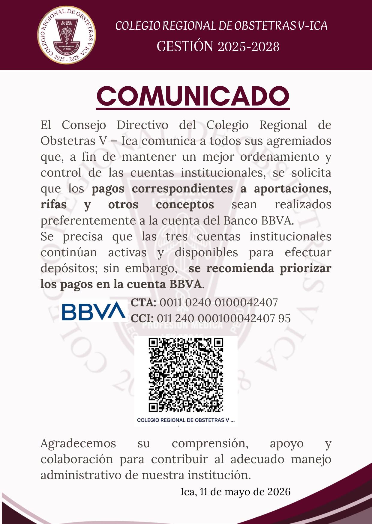 #Comunicado | DEPÓSITOS A LA CUENTA INSTITUCIONAL DEL  BANCO BBVA