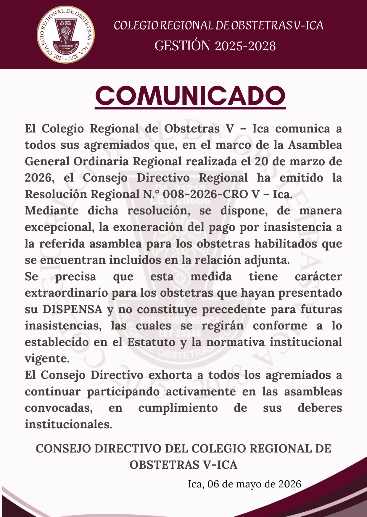 #Comunicado | EXONERACIÓN DE PAGO POR INASISTENCIA A LA ASAMBLEA GENERAL ORDINARIA REGIONAL – 20 DE MARZO DE 2026