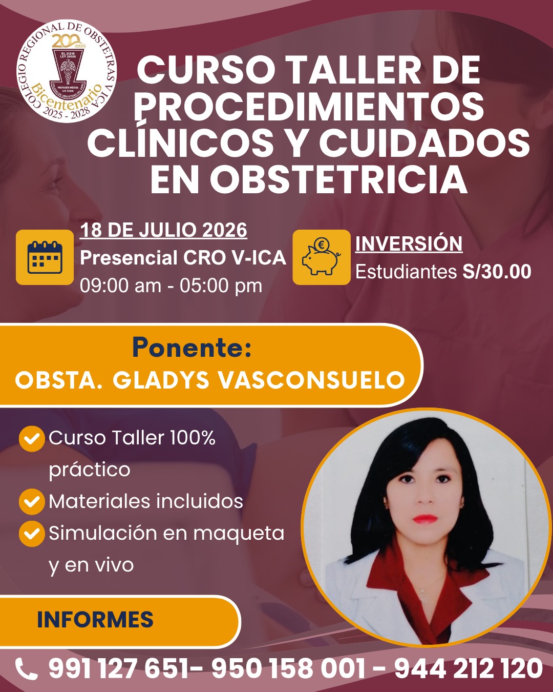 #Certificados |  CURSO TALLER DE PROCEDIMIENTOS CLÍNICOS Y CUIDADOS EN OBSTETRICIA