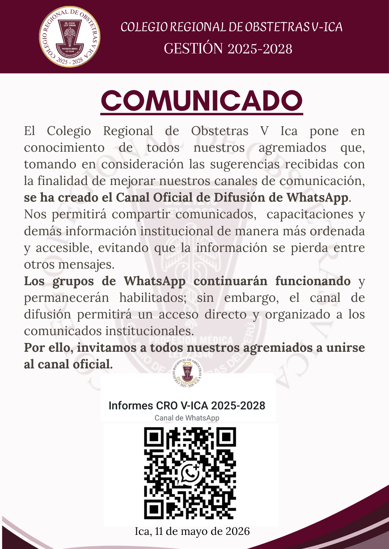 #Comunicado | CANAL DE DIFUSIÓN DEL CRO V-ICA 📲