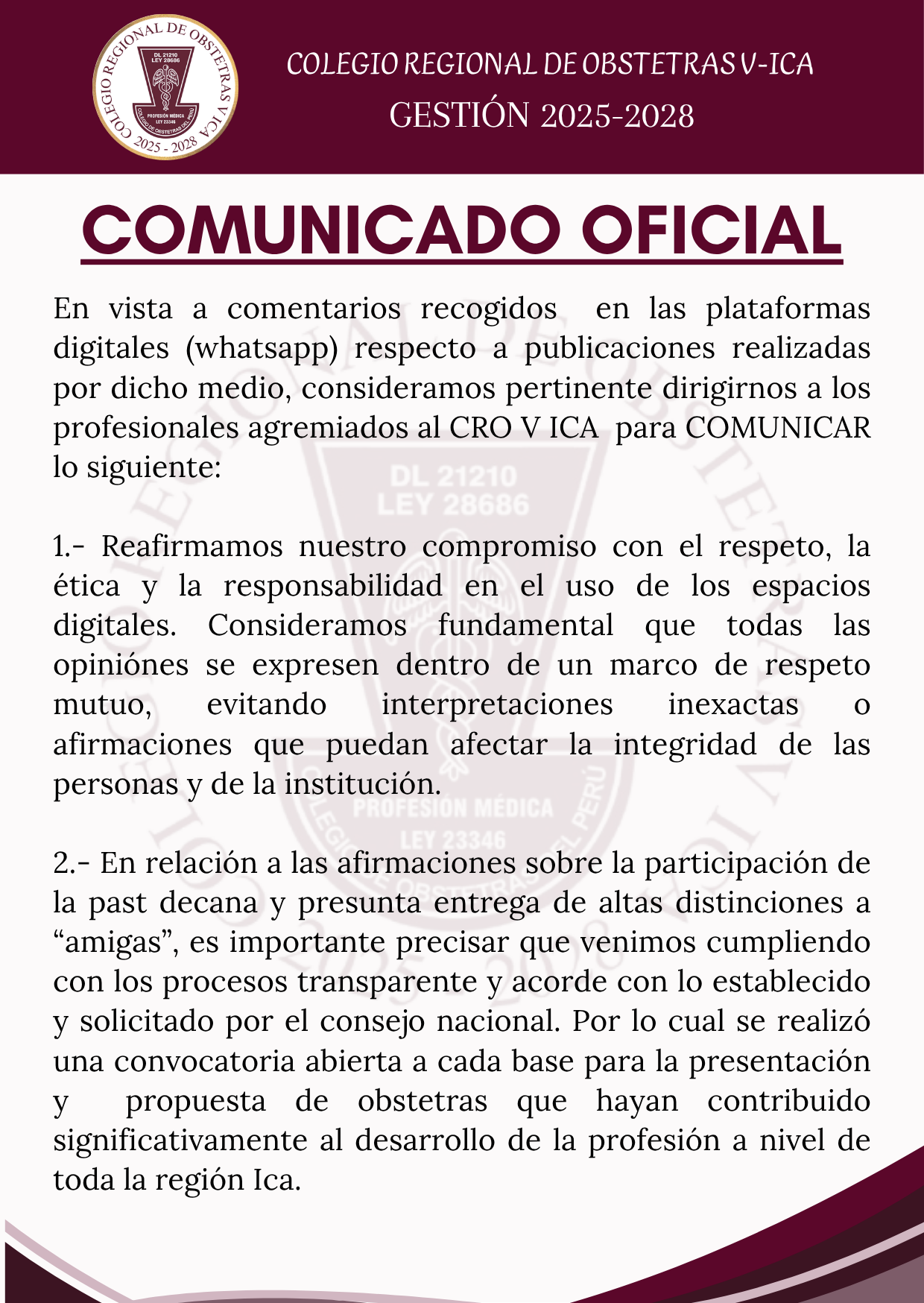 #Comunicado | COMUNICADO DEL CONSEJO DIRECTIVO CRO V-ICA